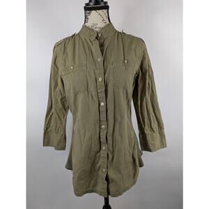 Converse Womens Medium Blouse Button Up 3/4 Sleeve Army Olive Green One Star Top